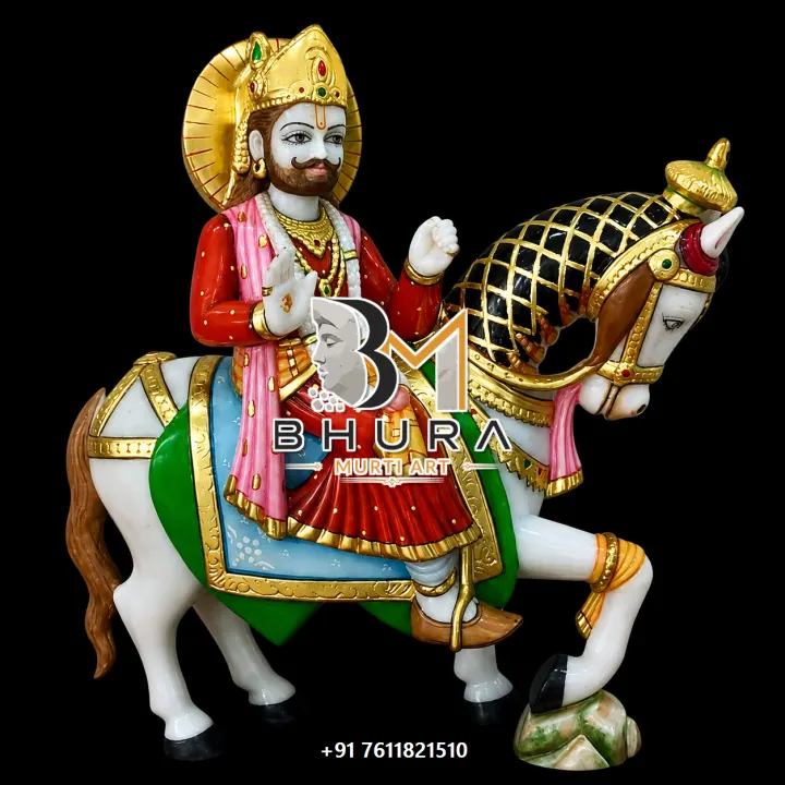 Baba Ramdev Golden Halo Horse Murti handcrafted statue