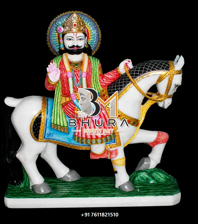 Baba Ramdev Blue Shawl Horse Murti handcrafted statue