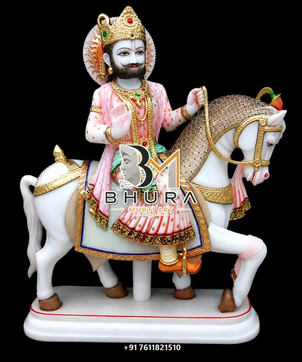 Baba Ramdev Floral Crown Horse Murti handcrafted statue