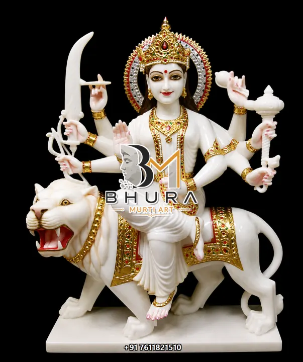 Durga Maa White Marble Lion Variant Collection handcrafted statue