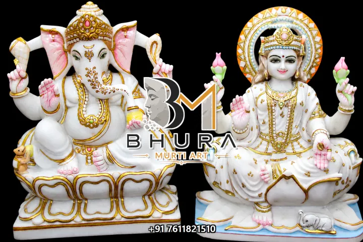 Ganesh Laxmi Golden Crown Lotus Set handcrafted statue