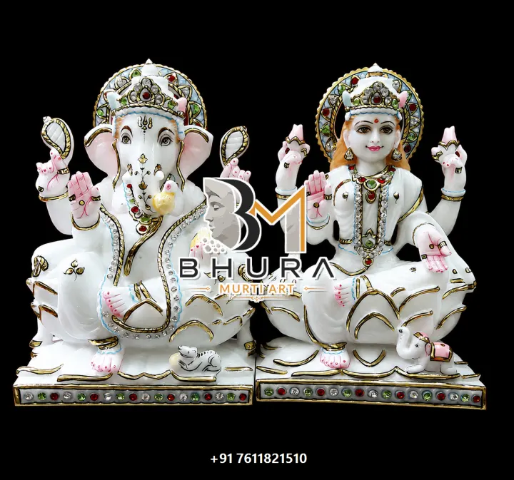Ganesh Laxmi Silver Ornament Lotus Set handcrafted statue
