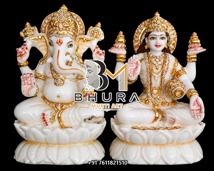 Ganesh Laxmi Golden Mukut Lotus Set handcrafted statue