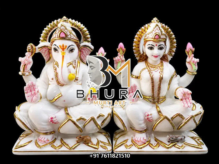Ganesh Laxmi Floral Crown Marble Set handcrafted statue