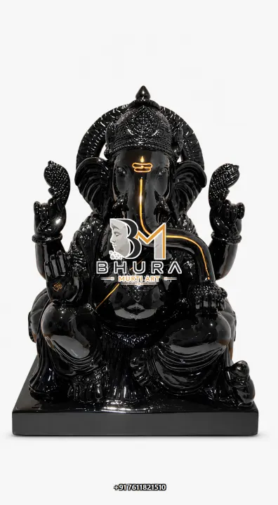 Black Stone Ganesha Ornate Arch Seated Murti handcrafted statue