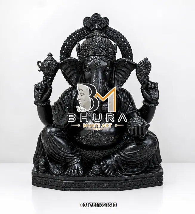 Black Stone Ganesha Prabhavali Seated Murti handcrafted statue
