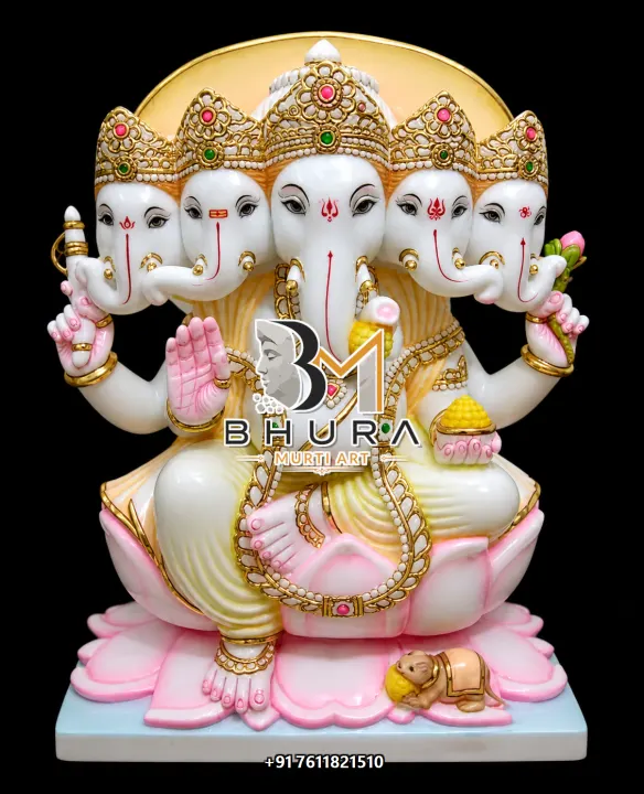 White Marble Ganesha Panchmukhi Halo Collection handcrafted statue