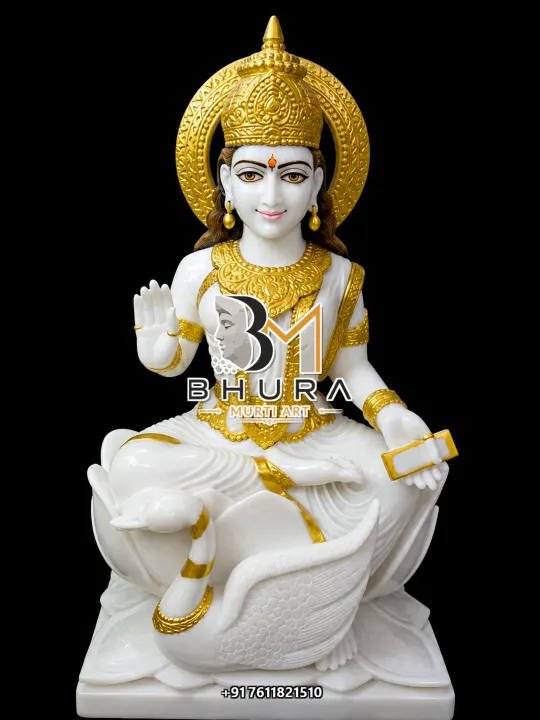 Gayatri Maa White Gold Marble Murti handcrafted statue