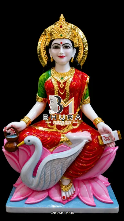 Gayatri Maa Red Green Lotus Murti handcrafted statue