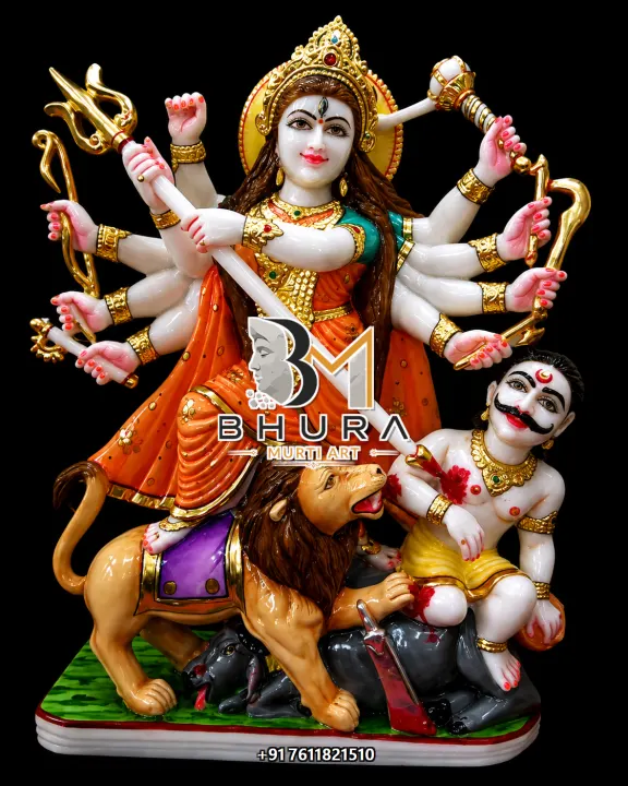 Mahishasura Mardini Orange Saree Lion Murti handcrafted statue