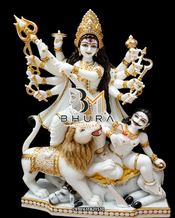 Mahishasura Mardini White Gold Lion Murti handcrafted statue