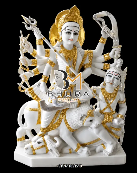 Mahishasura Mardini White Gold Battle Murti handcrafted statue