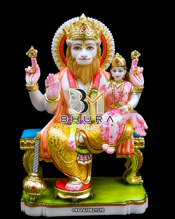 Lakshmi Narsingh Pink Gold Throne Murti handcrafted statue
