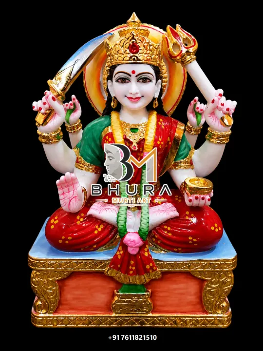 Santoshi Maa Red Saree Golden Pedestal Murti handcrafted statue