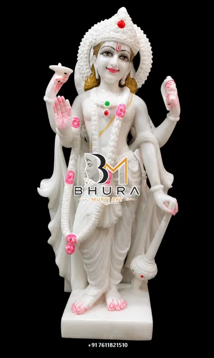 Lord Vishnu Shwet Marble Floral Murti handcrafted statue