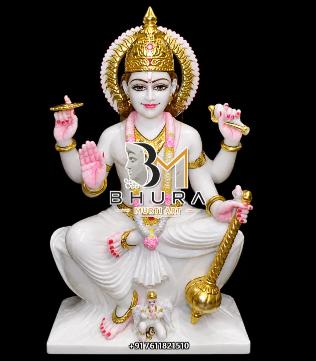 Lord Vishnu Seated White Gold Marble Murti handcrafted statue