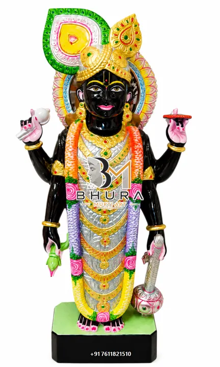 Lord Vishnu Black Stone Colourful Murti handcrafted statue