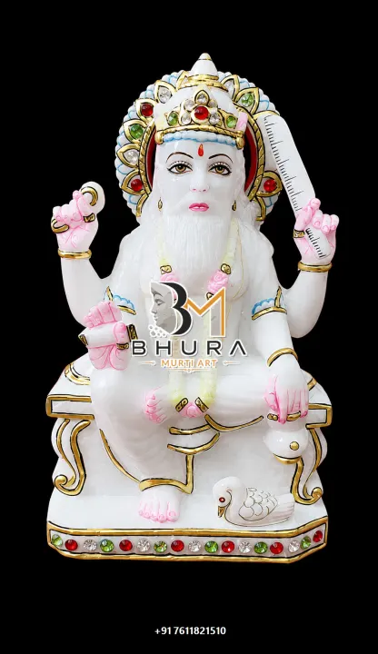 Lord Vishvakarma Floral Crown Marble Murti handcrafted statue