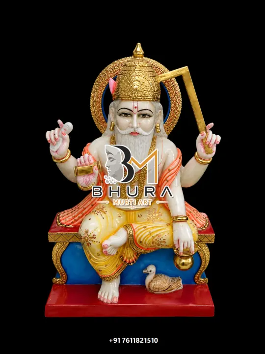 Lord Vishvakarma Orange Gold Throne Murti handcrafted statue