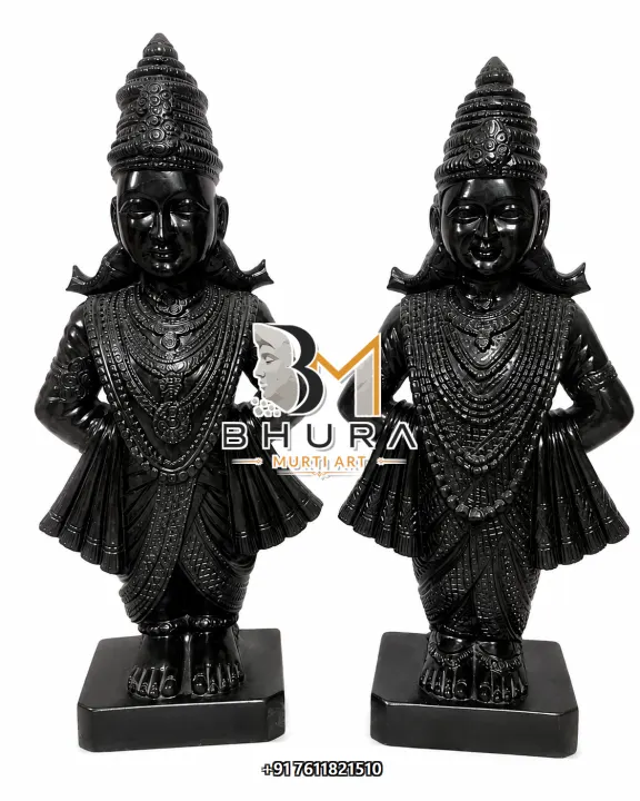 Vitthal Rukmini Detailed Black Stone Murti Pair handcrafted statue