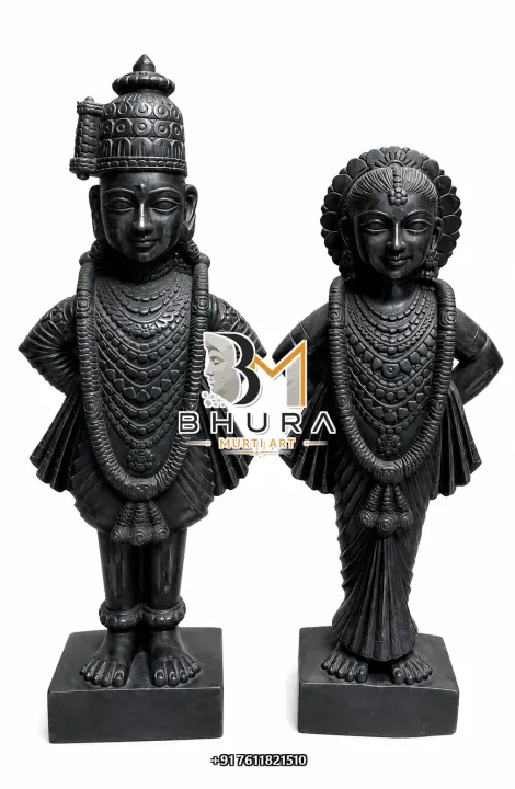Vitthal Rukmini Minimal Black Stone Standing Set handcrafted statue