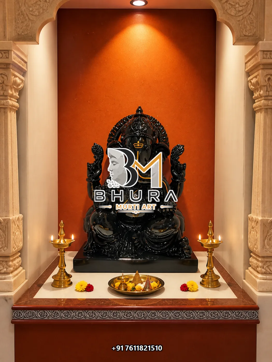 Black Stone Ganesha Ornate Arch Seated Murti - view 2