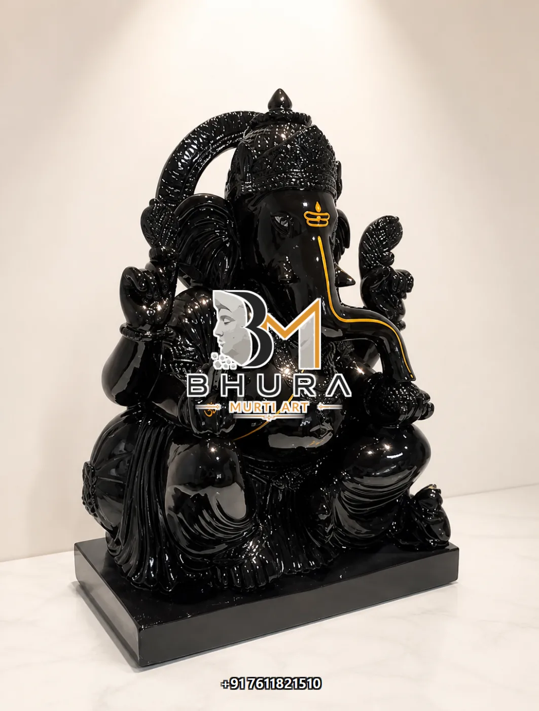 Black Stone Ganesha Ornate Arch Seated Murti - view 4