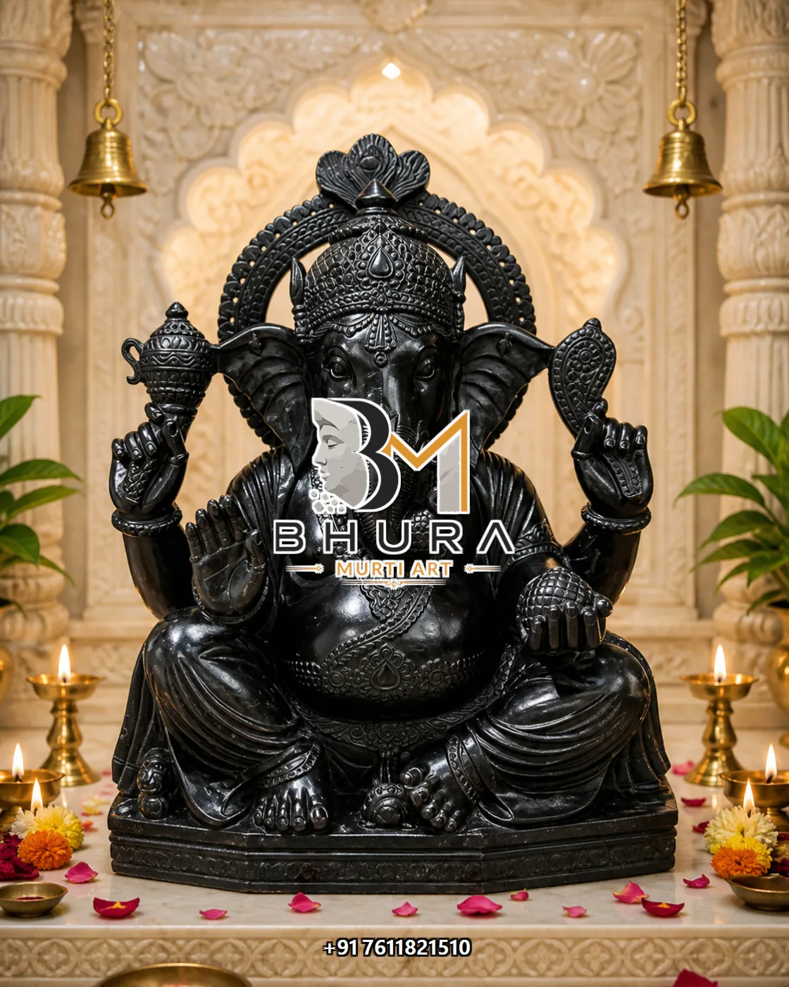 Black Stone Ganesha Prabhavali Seated Murti - view 2