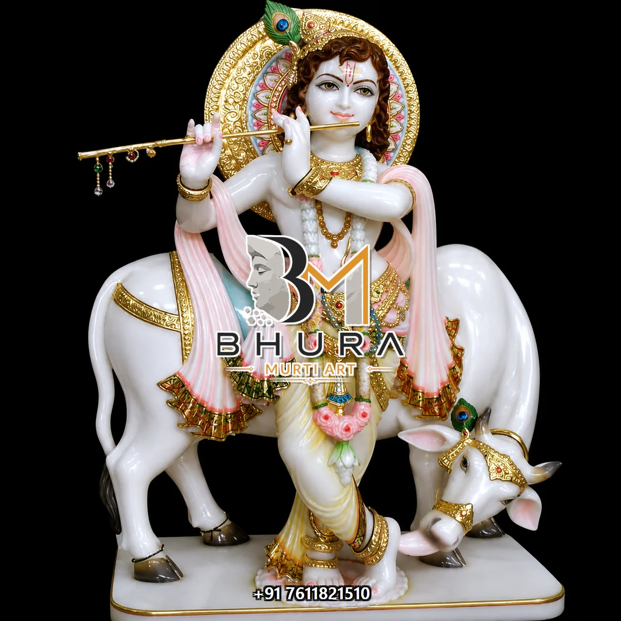 Lord Krishna Bansuri Marble Murti Collection - handcrafted marble design view 2