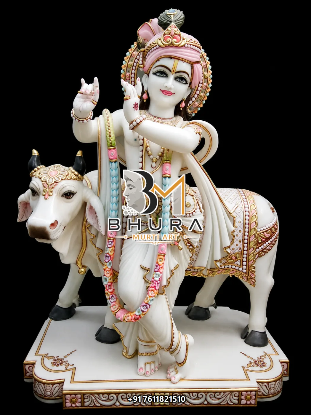 Lord Krishna Bansuri Marble Murti Collection - handcrafted marble design view 3