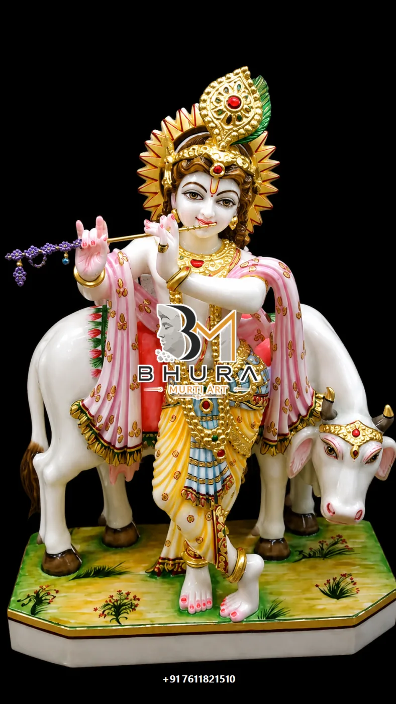 Divine Krishna Murti Hand-Painted Collection - handcrafted marble design view 2