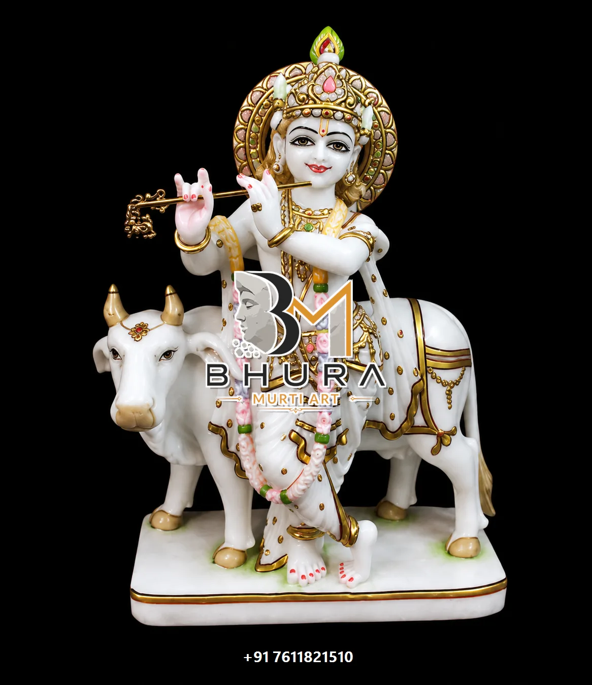 Divine Krishna Murti Hand-Painted Collection - handcrafted marble design view 3