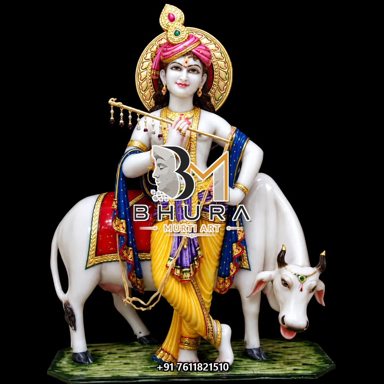 Divine Krishna Murti Hand-Painted Collection - handcrafted marble design view 4