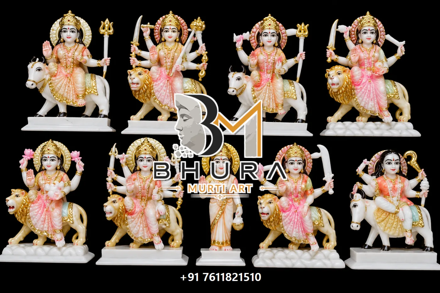 Custom-Made Nine Forms of Durga Statue Collection - handcrafted marble design view 2