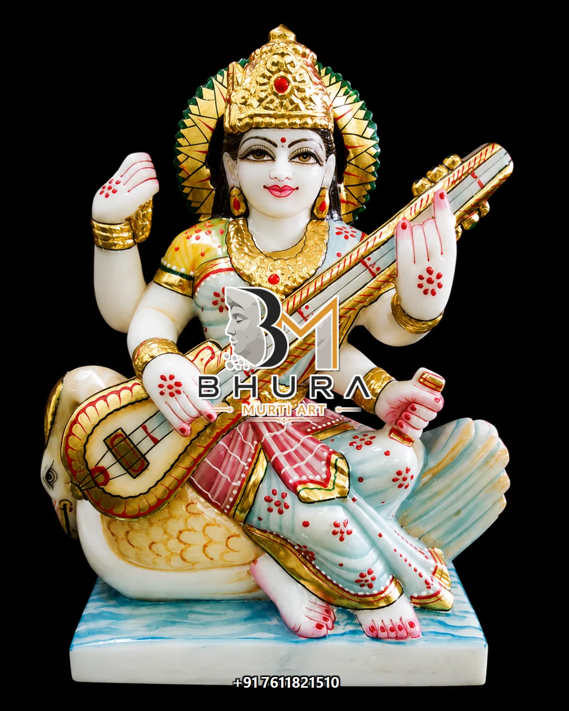 Handcrafted Goddess Saraswati Marble Statue Collection - handcrafted marble design view 2