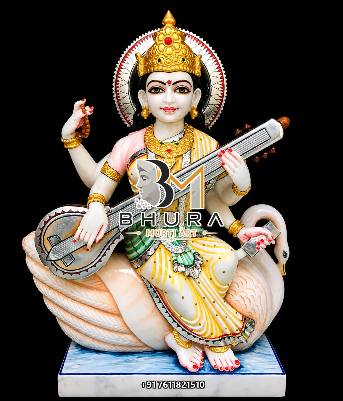 Handcrafted Goddess Saraswati Marble Statue Collection - handcrafted marble design view 3