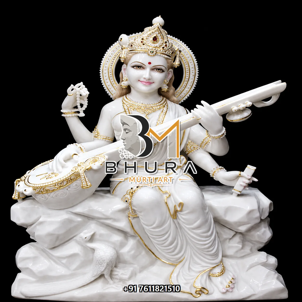 Divine Goddess Saraswati Marble Statue Collection - handcrafted marble design view 2