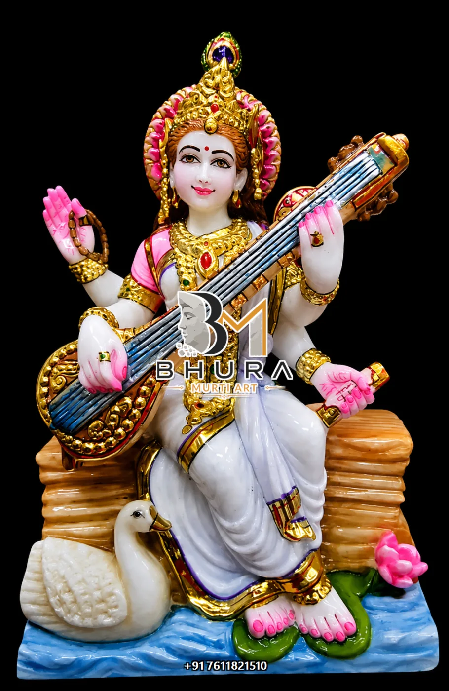 Divine Goddess Saraswati Marble Statue Collection - handcrafted marble design view 3