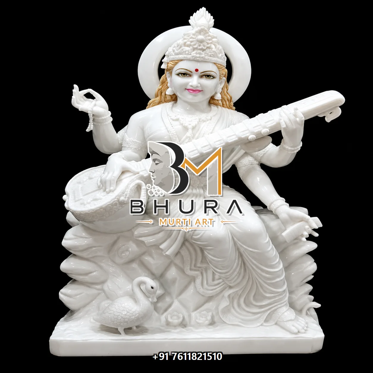 Traditional Goddess Saraswati Marble Statue Collection - handcrafted marble design view 4