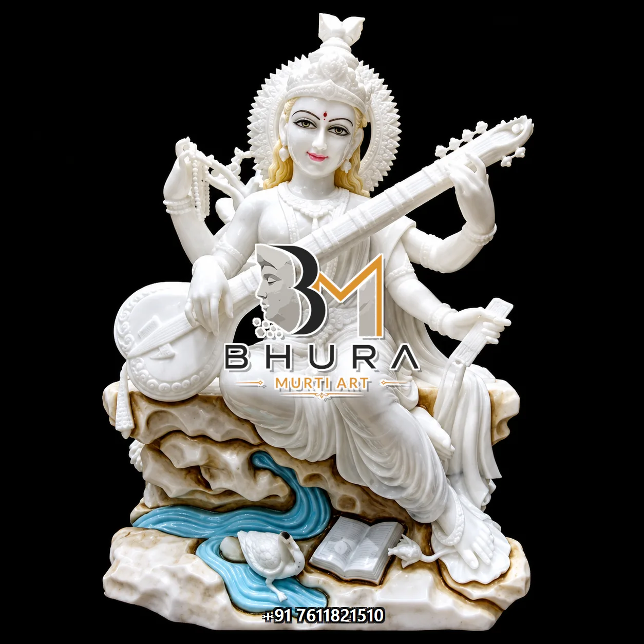 White Marble Goddess Saraswati Marble Statue Collection - handcrafted marble design view 3