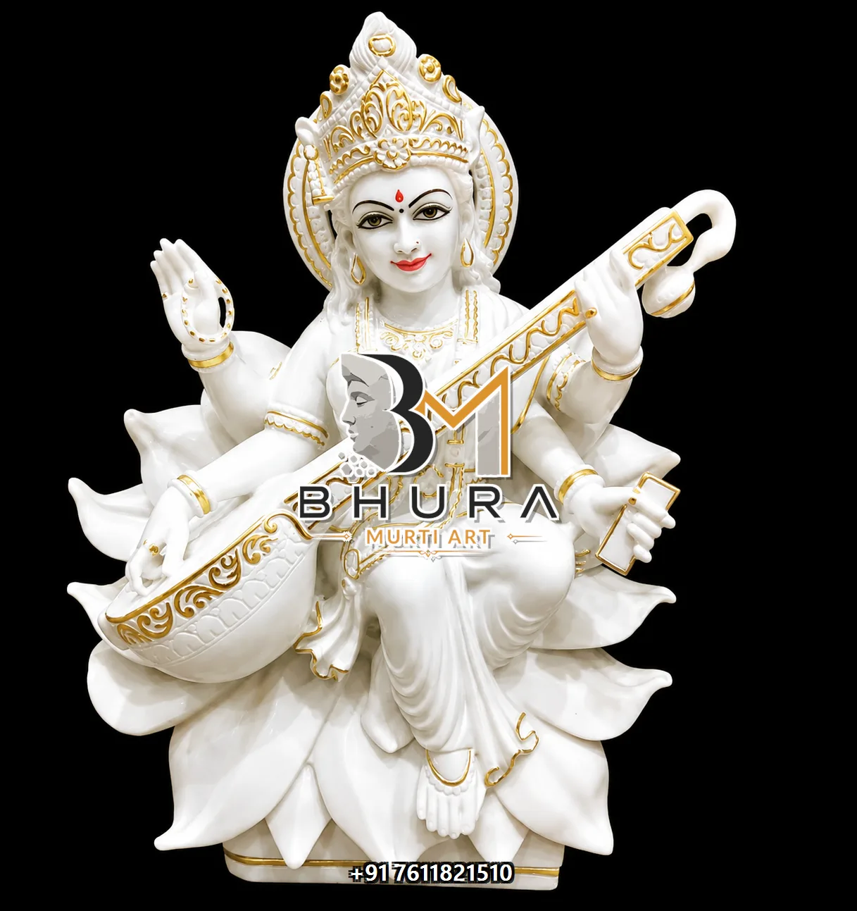 Hand-Painted Goddess Saraswati Marble Statue Collection - handcrafted marble design view 2
