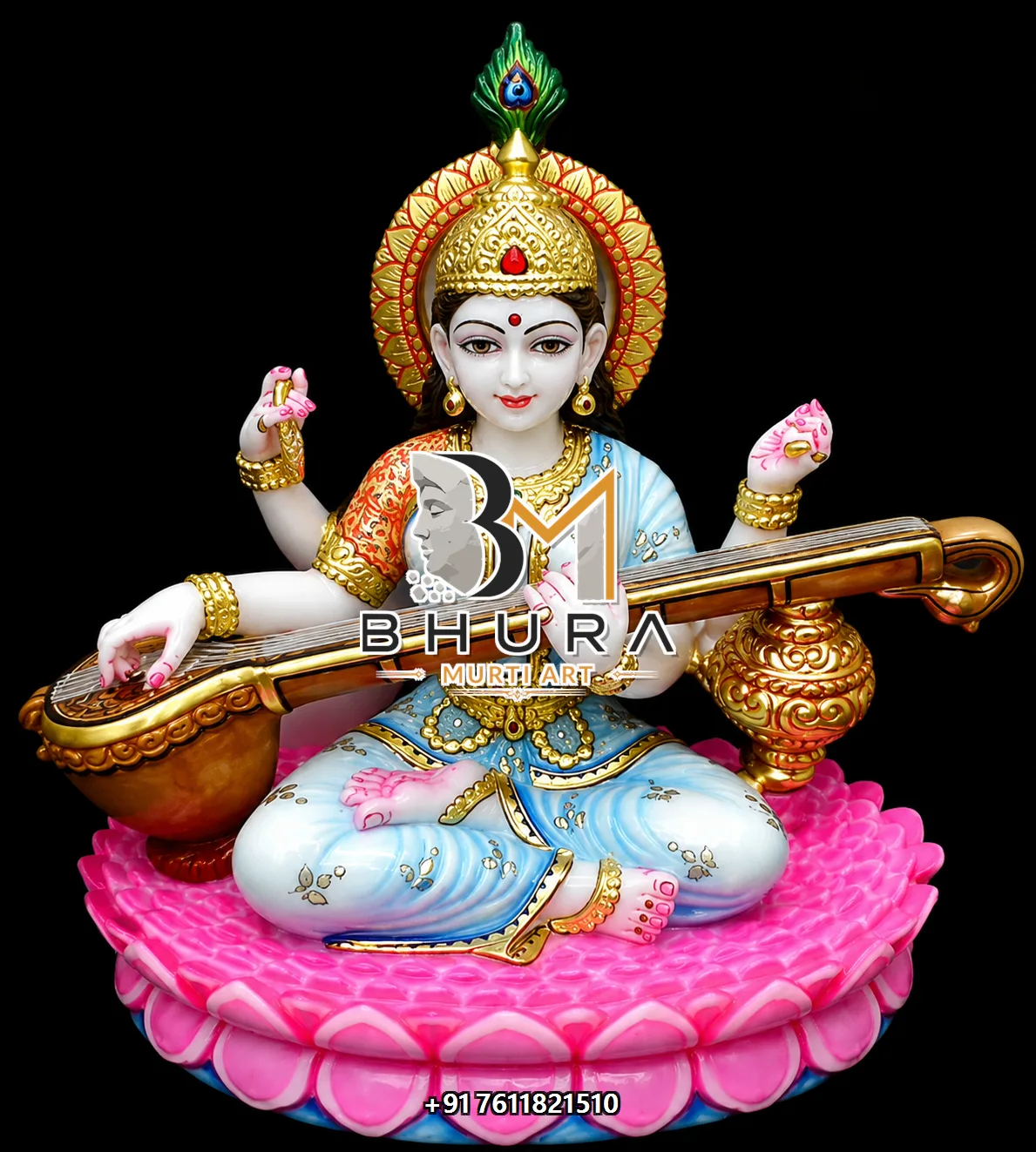 Temple-Style Goddess Saraswati Marble Statue Collection - handcrafted marble design view 2