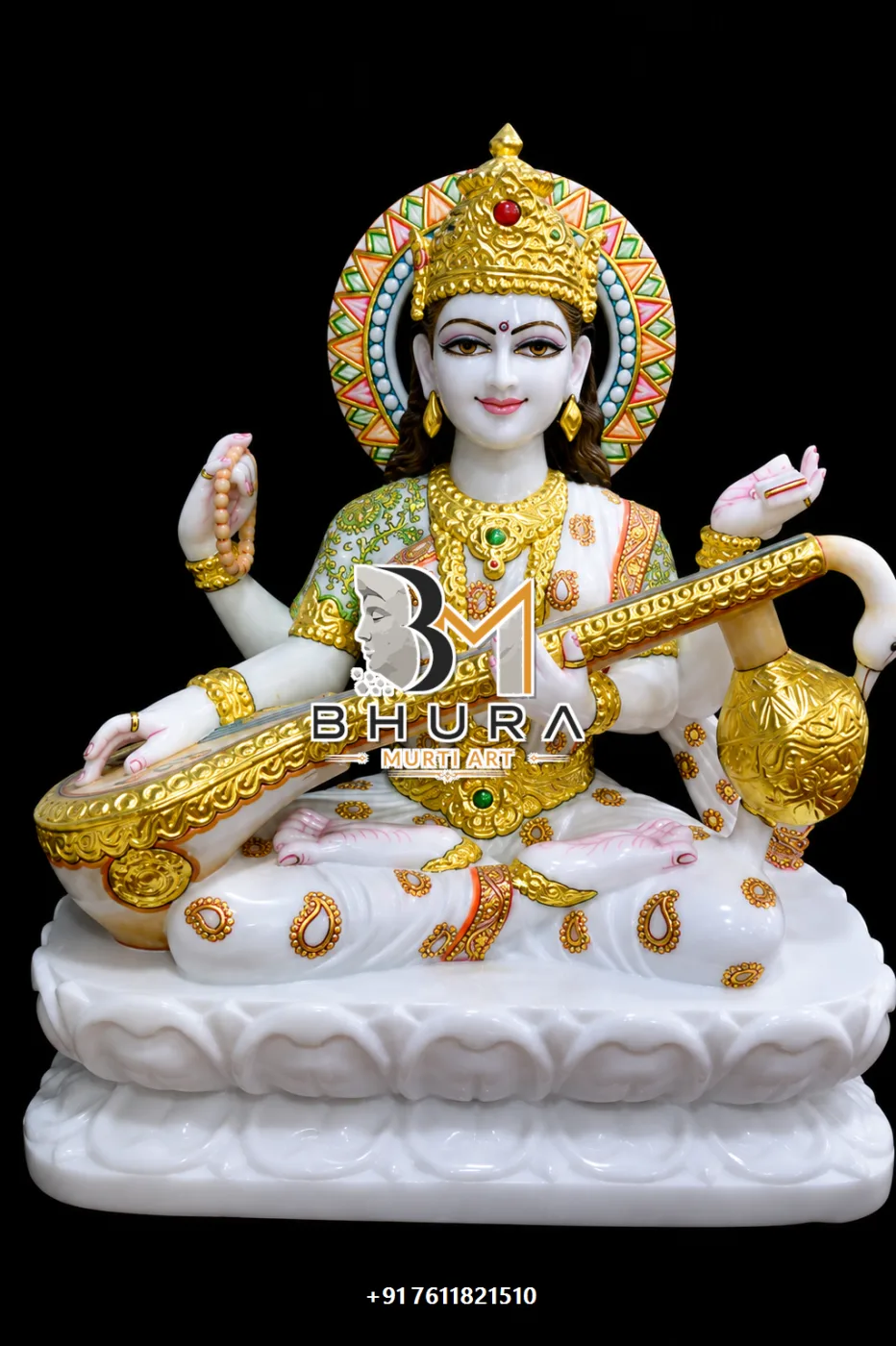 Temple-Style Goddess Saraswati Marble Statue Collection - handcrafted marble design view 5
