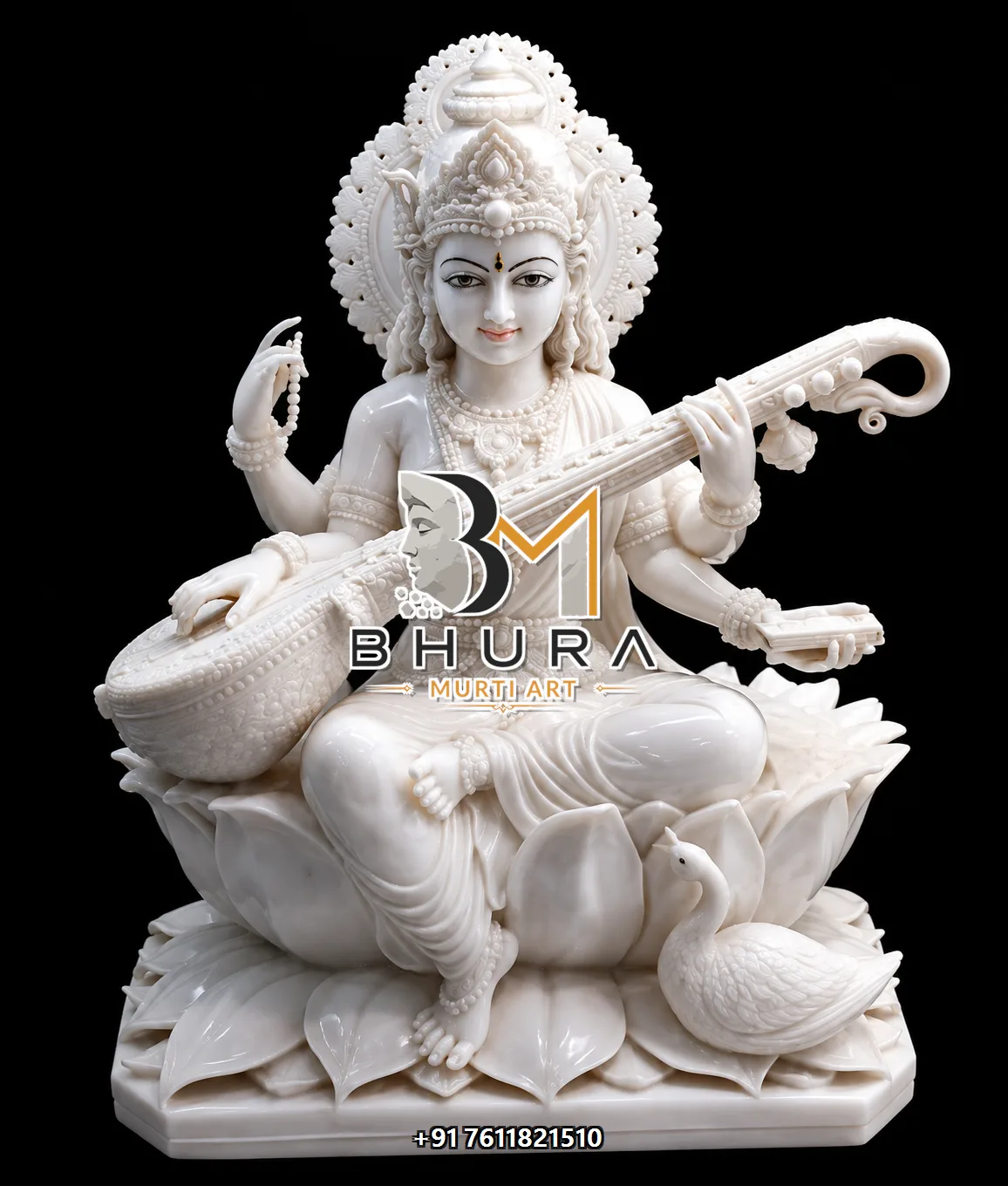 Lotus Pose Goddess Saraswati Marble Statue Collection - handcrafted marble design view 3
