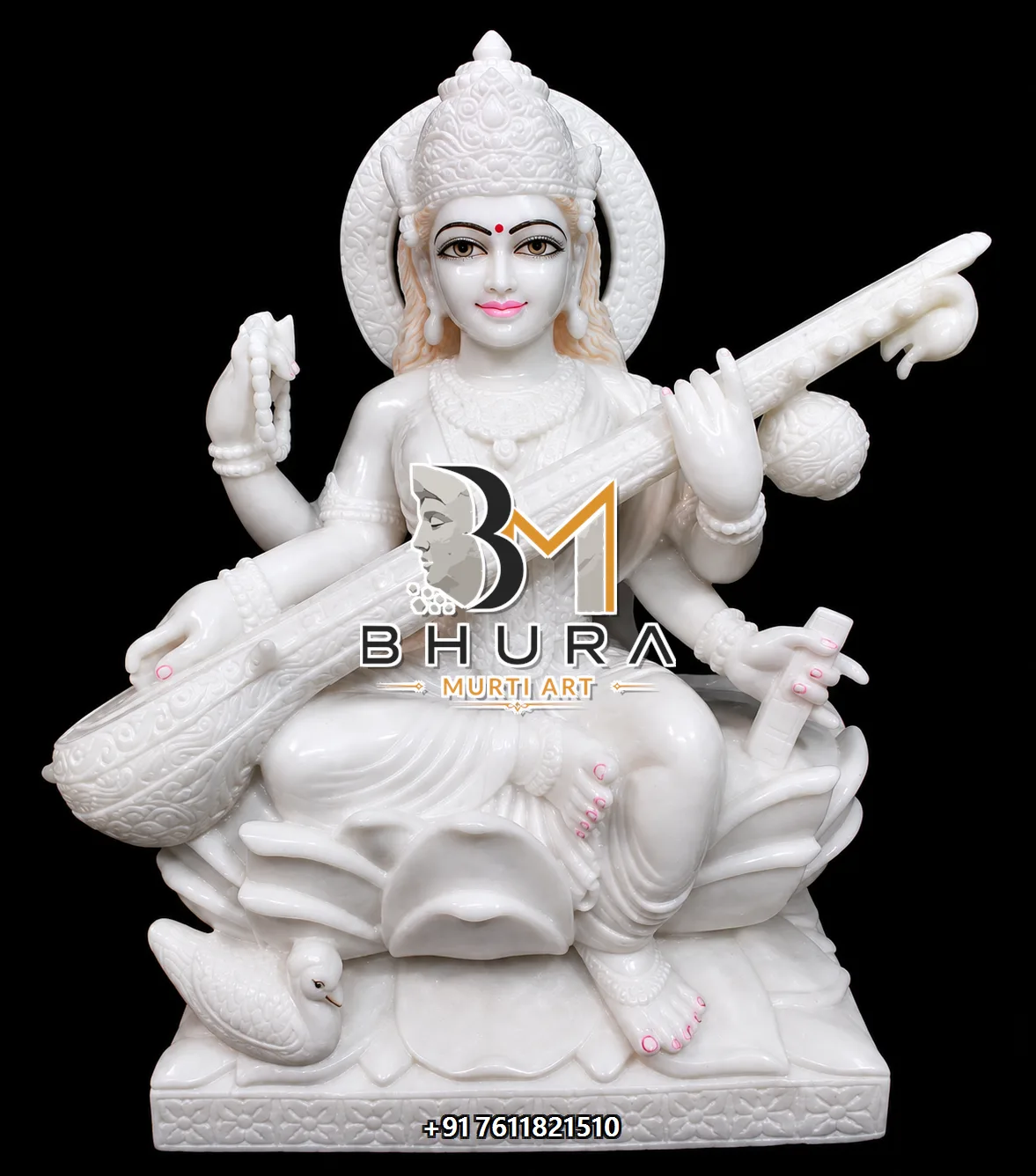 Hamsa Vahini Goddess Saraswati Marble Statue Collection - handcrafted marble design view 2
