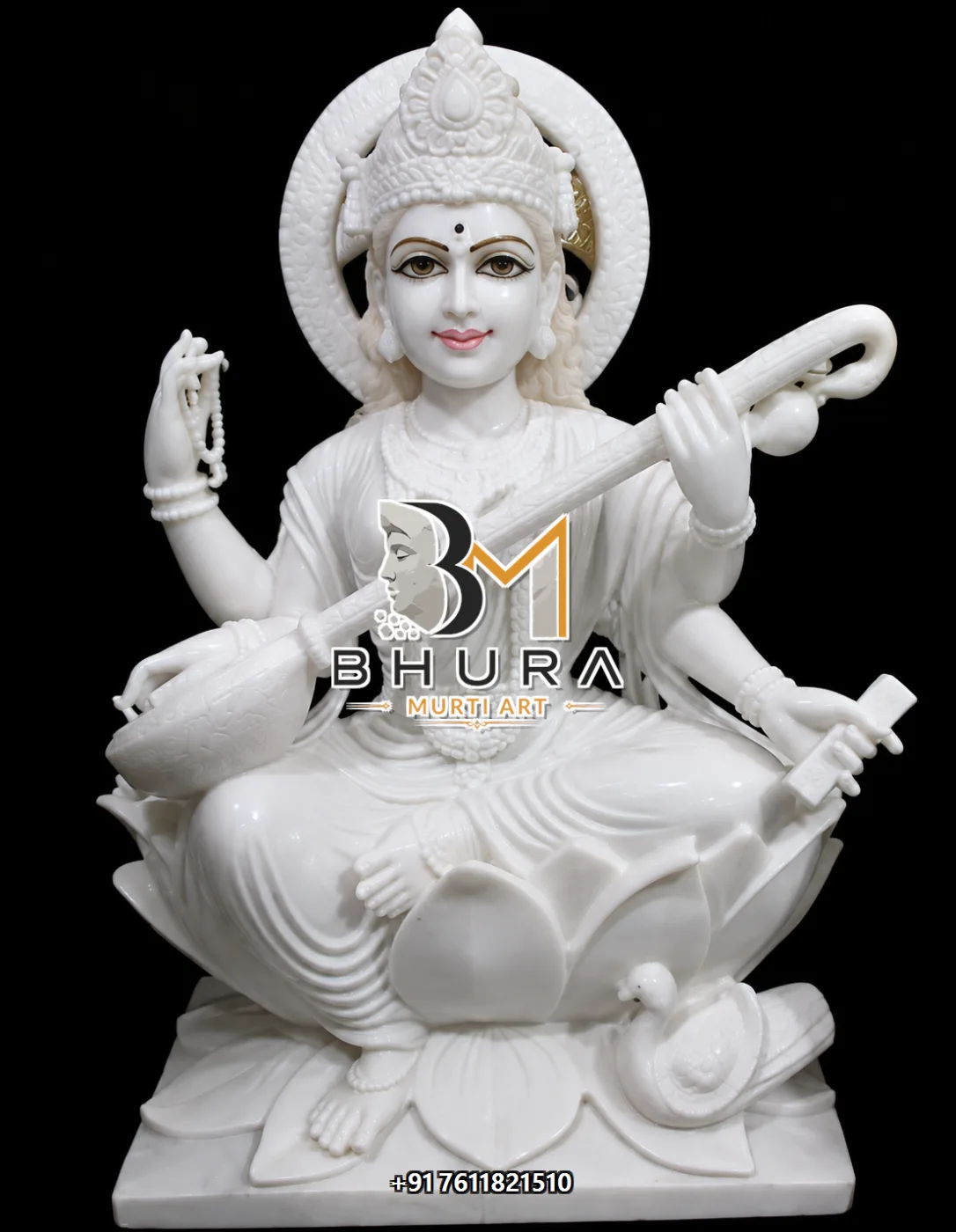 Hamsa Vahini Goddess Saraswati Marble Statue Collection - handcrafted marble design view 3
