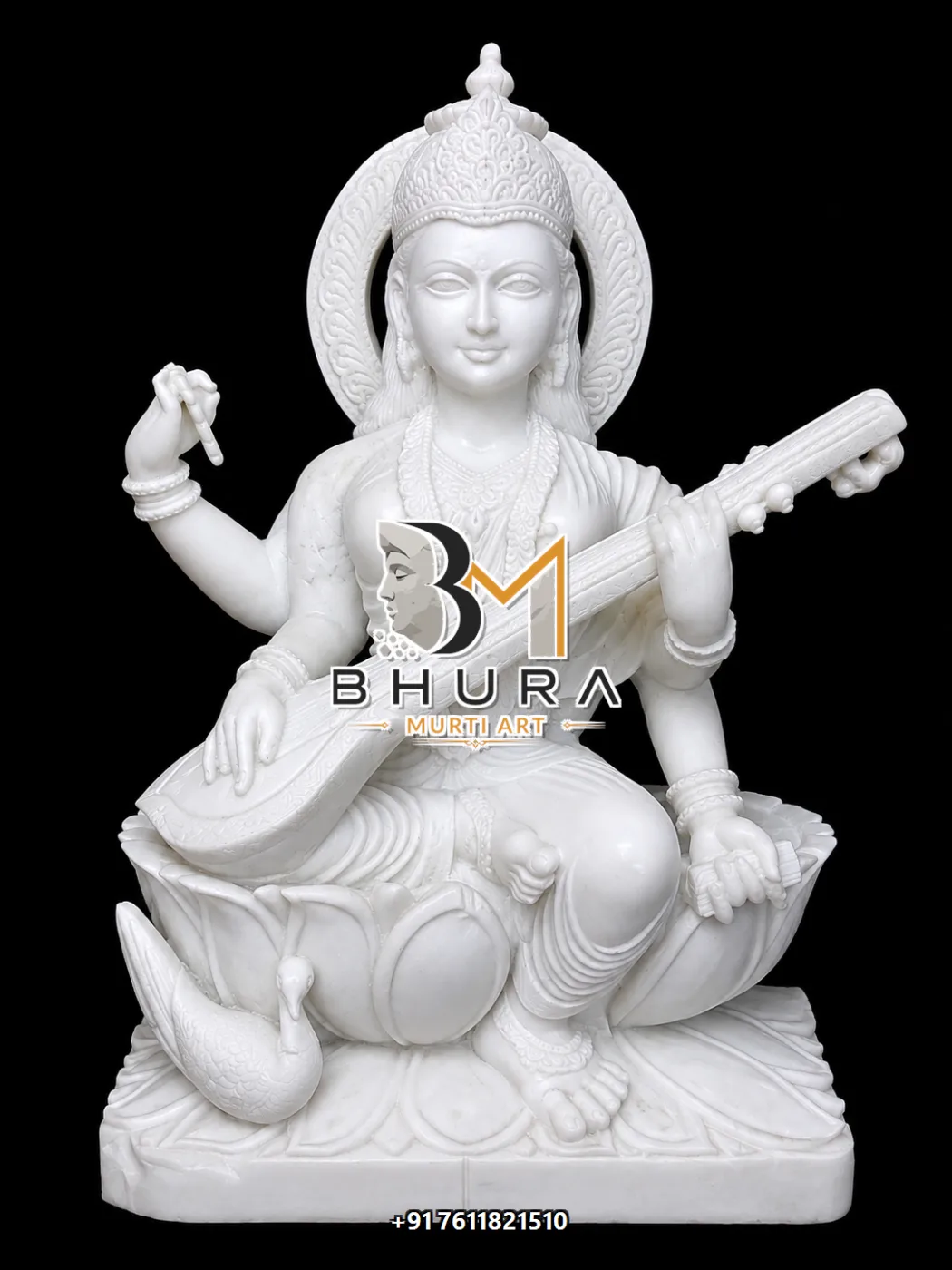 Hamsa Vahini Goddess Saraswati Marble Statue Collection - handcrafted marble design view 5