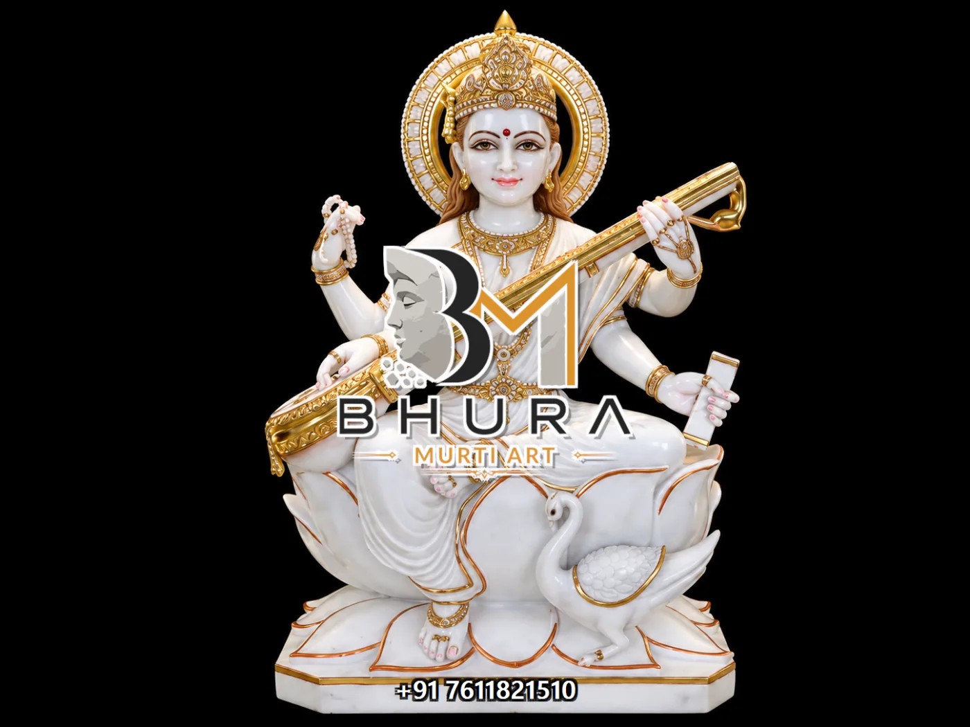 Devotional Goddess Saraswati Marble Statue Collection - handcrafted marble design view 2