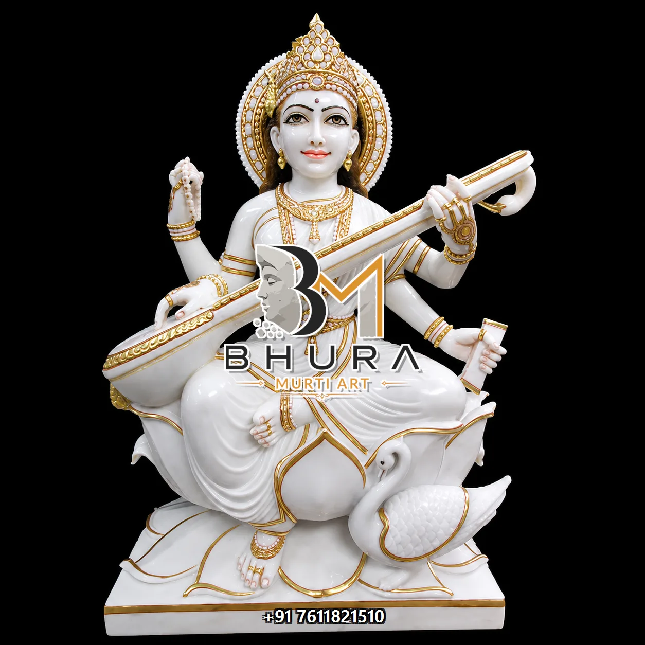 Devotional Goddess Saraswati Marble Statue Collection - handcrafted marble design view 3