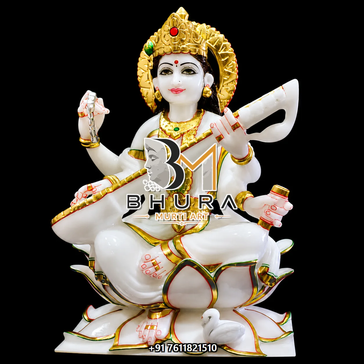 Devotional Goddess Saraswati Marble Statue Collection - handcrafted marble design view 4